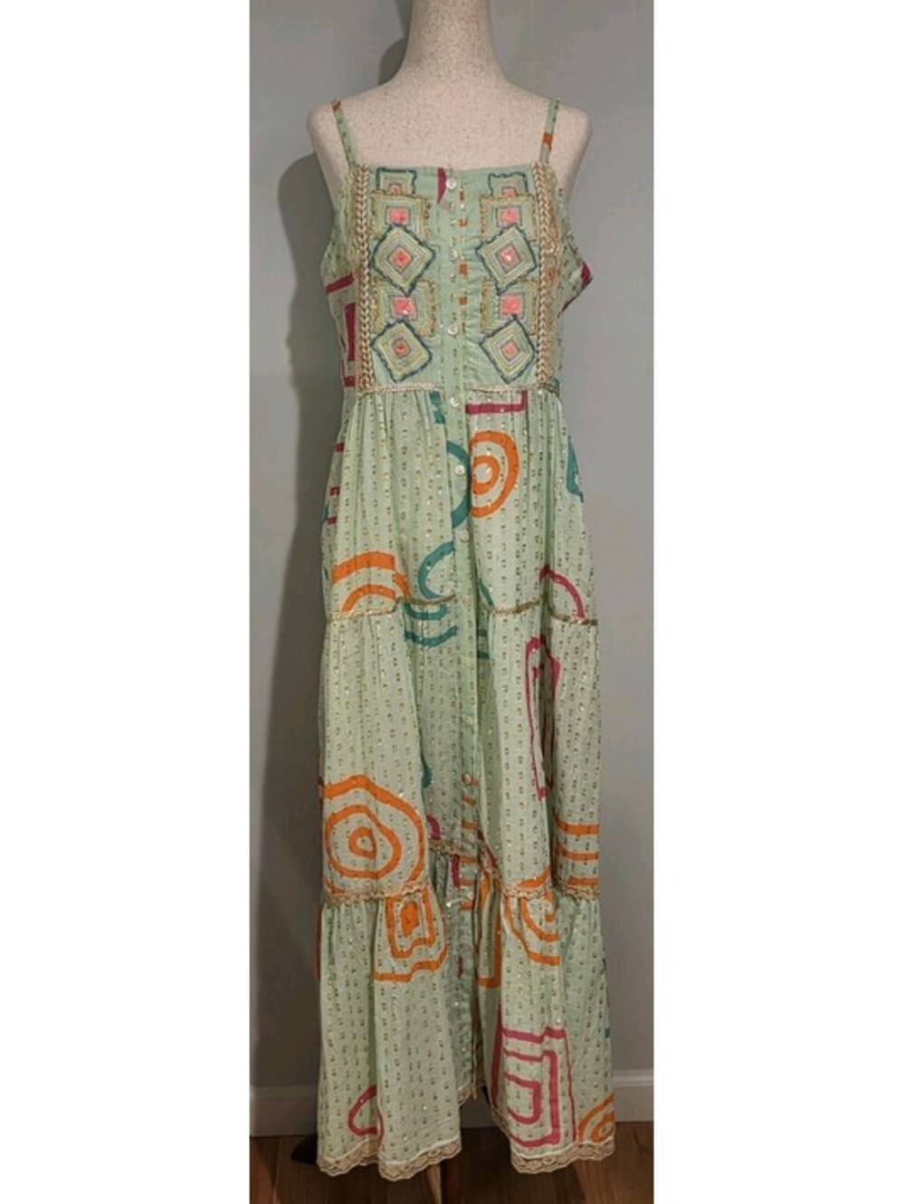 SIYA M / L Green Tiered Gold Lace Trim Maxi Dress Bohemian Lined Pink Sequin